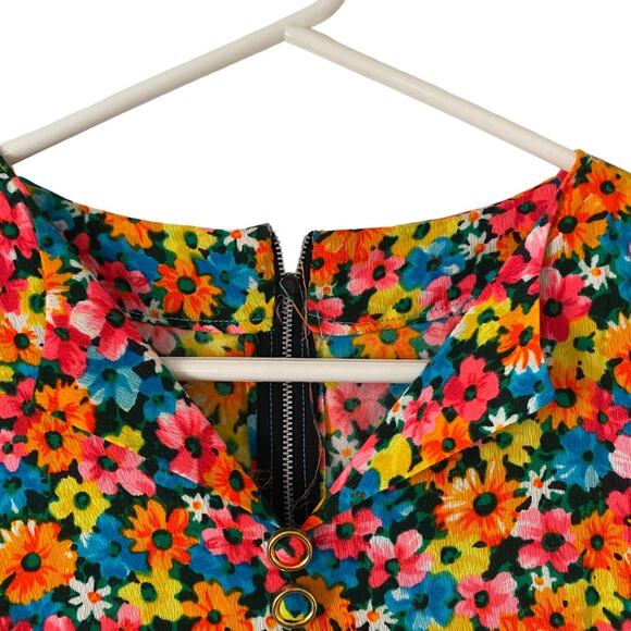 Vintage 60s Electric Yellow Pink Orange Floral Print Retro Dress large Midi - Picture 3 of 7